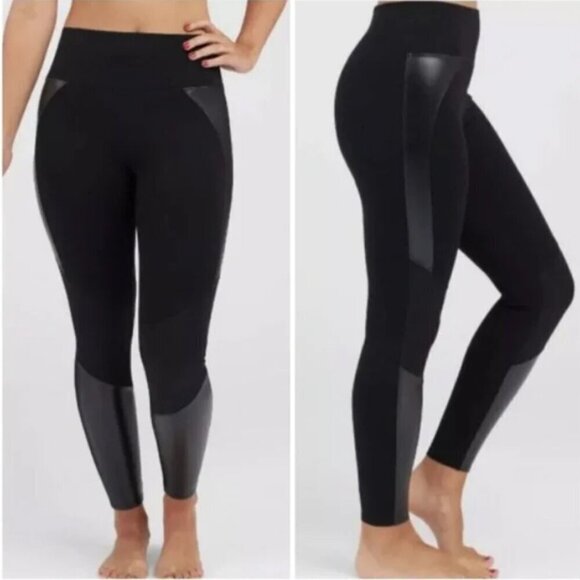 Assets by Spanx EUC black mixed media faux leather moto high rise leggings M - Picture 1 of 8
